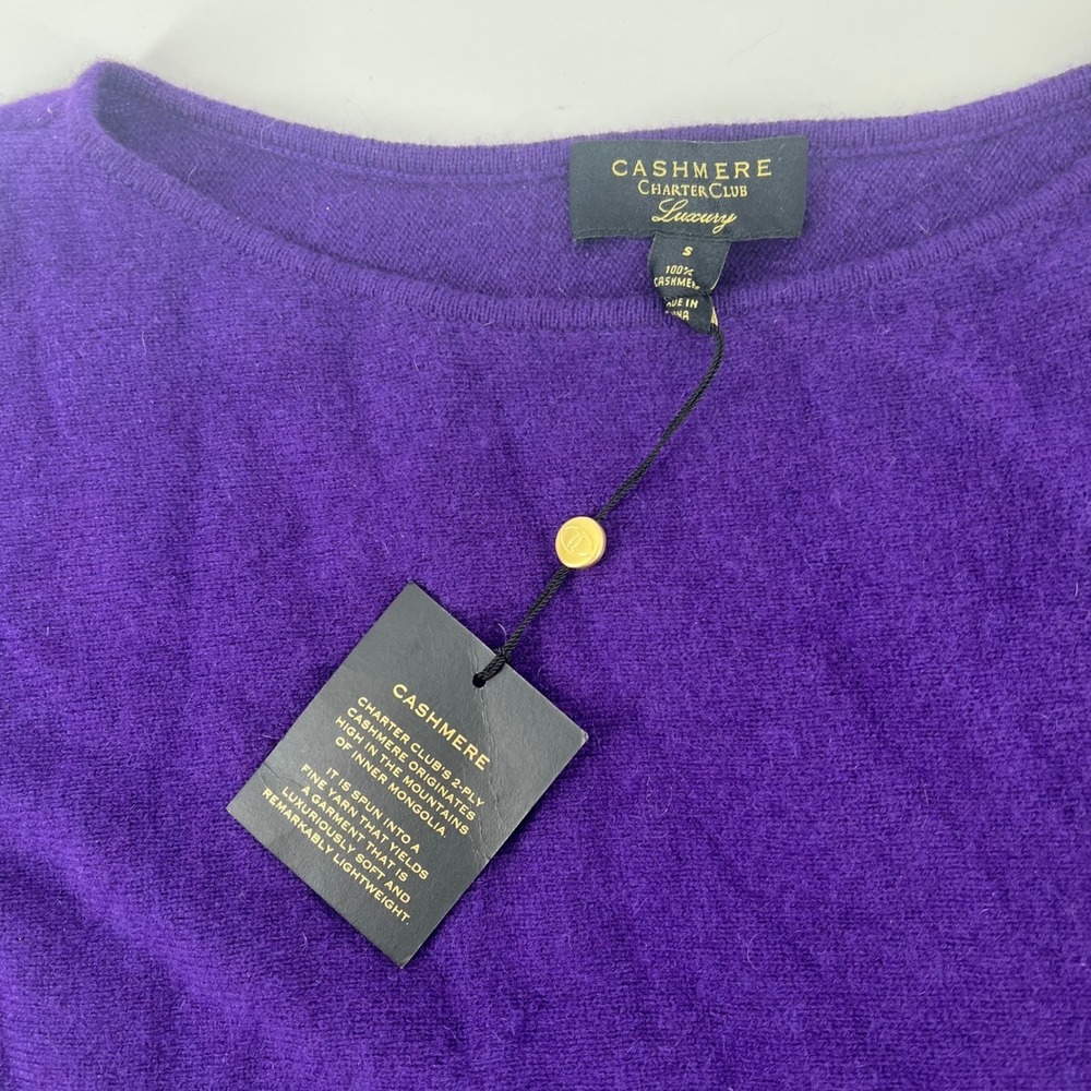 NWT Charter Club Luxury 100% Cashmere Sweater Purple Small Boat Neck Curved Hem - Picture 11 of 11
